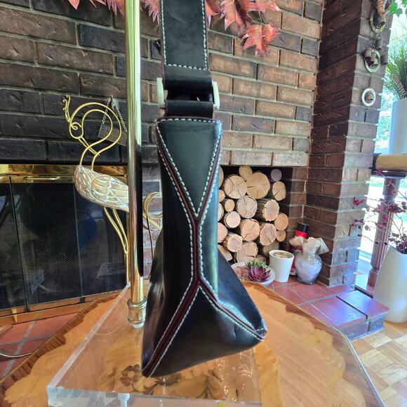 KGB Studio - Classic Black Shoulder Bag / Purse with Maroon Trim & White Stitch - Picture 4 of 14